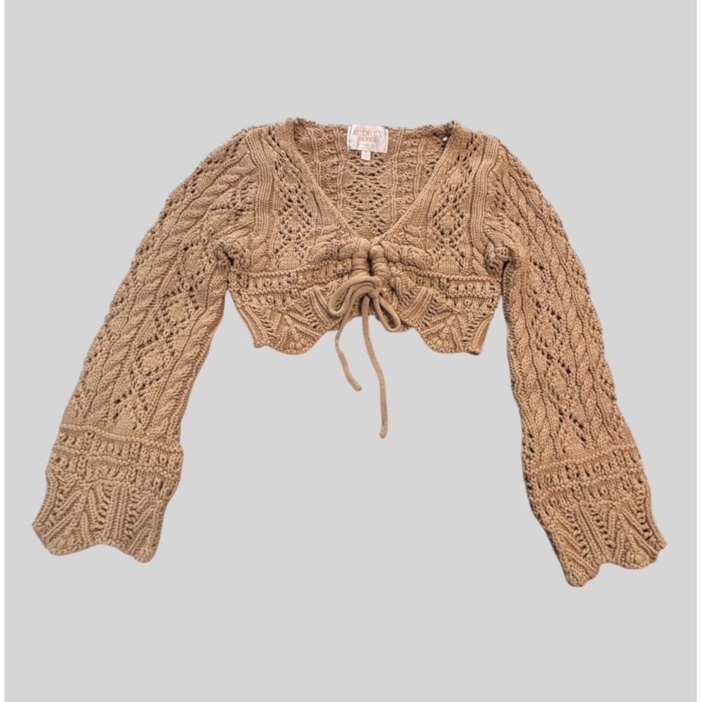 Francesca's Audrey Parks Women's S Crochet Front Tie Cardigan Cropped Tan Boho
